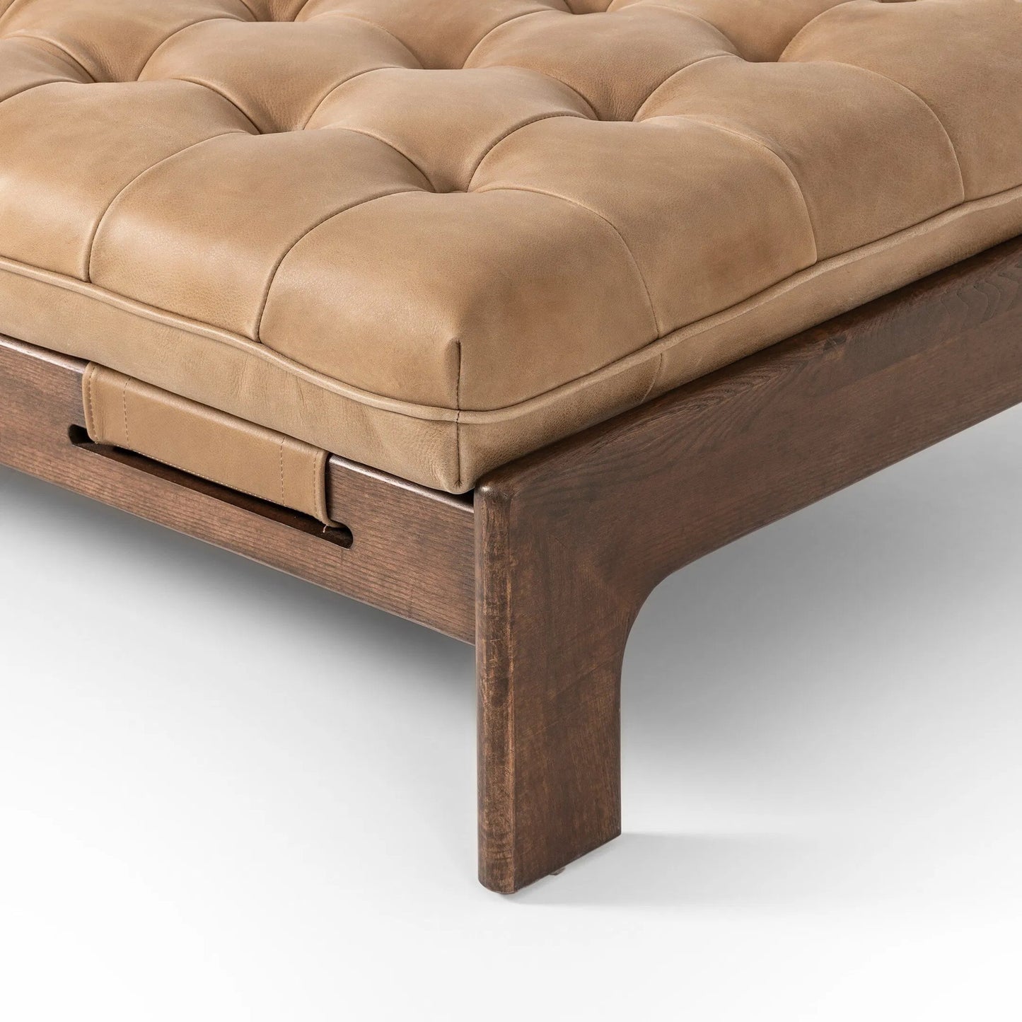 005 SI-2449393 | Closeup | Halston Cocktail Ottoman by Four Hands in palermo drift, terra brown ash. Made from top grain leather, solid ash in a unique style.