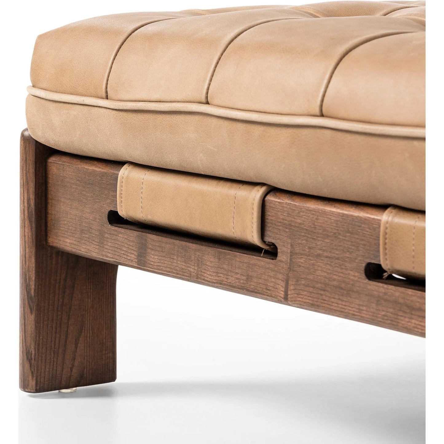 007 SI-2449393 | Closeup | Halston Cocktail Ottoman by Four Hands in palermo drift, terra brown ash. Made from top grain leather, solid ash in a unique style.