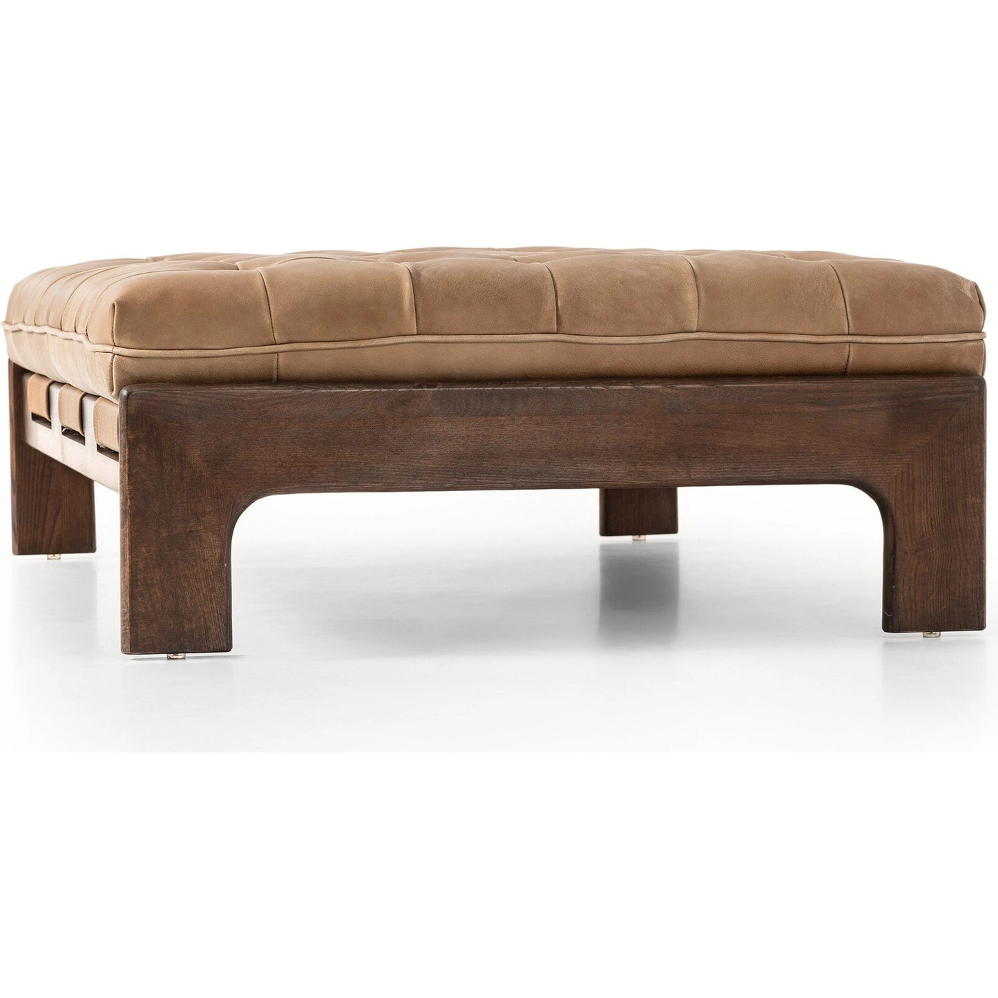 008 SI-2449393 | Closeup | Halston Cocktail Ottoman by Four Hands in palermo drift, terra brown ash. Made from top grain leather, solid ash in a unique style.
