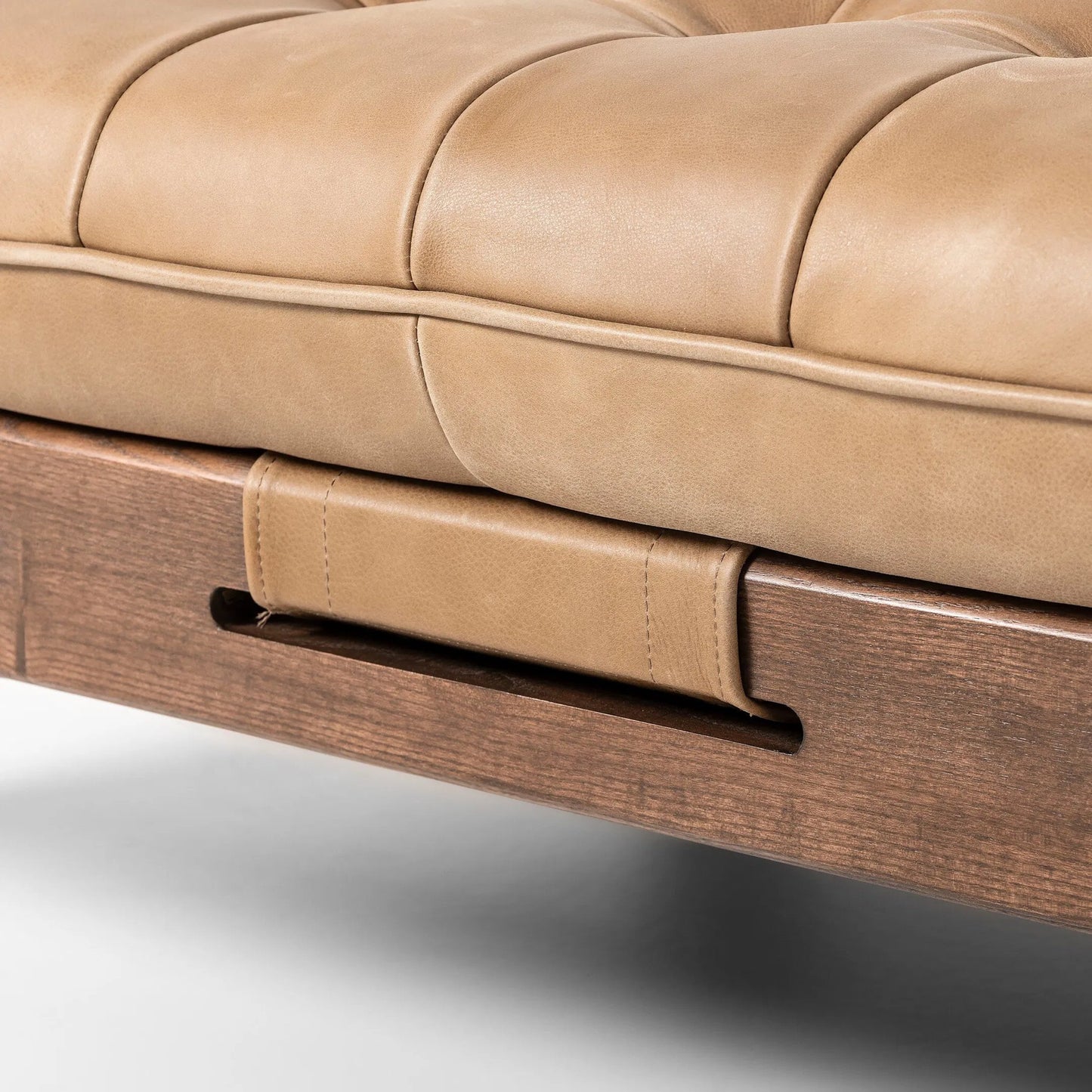 009 SI-2449393 | Closeup | Halston Cocktail Ottoman by Four Hands in palermo drift, terra brown ash. Made from top grain leather, solid ash in a unique style.