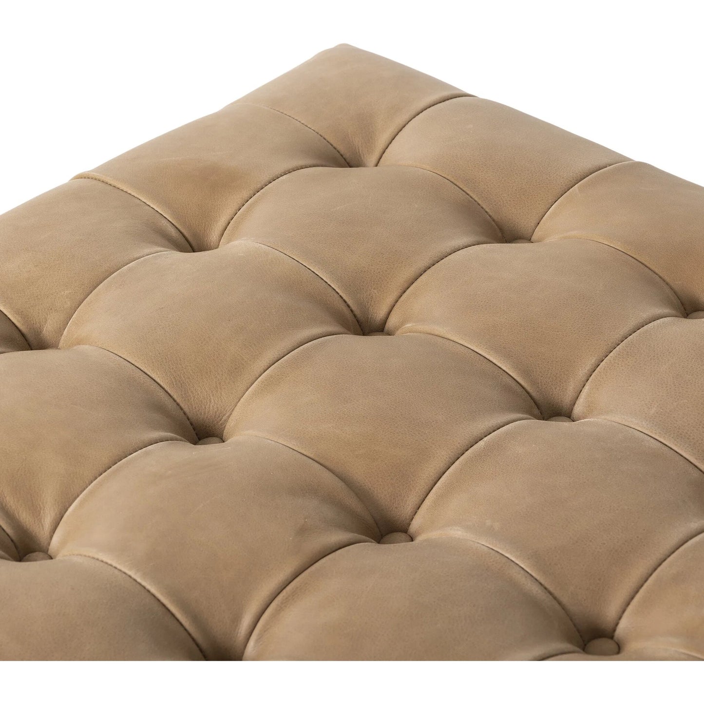 010 SI-2449393 | Closeup | Halston Cocktail Ottoman by Four Hands in palermo drift, terra brown ash. Made from top grain leather, solid ash in a unique style.