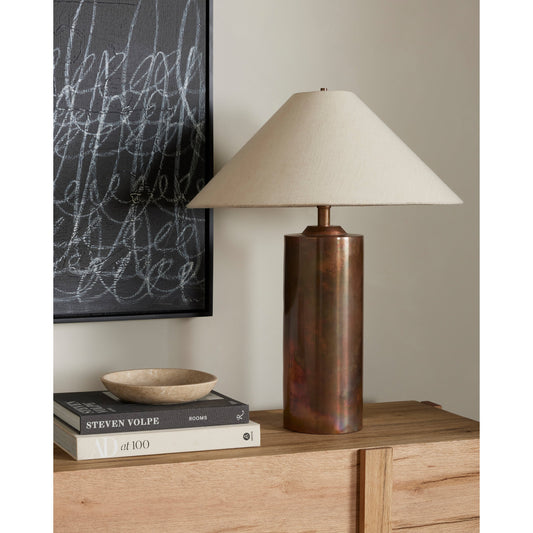 Seaton Table Lamp by Four Hands in iridescent acid wash. Made from stainless steel, 80% linen, 20% silk, thermoplastic in a modern style.