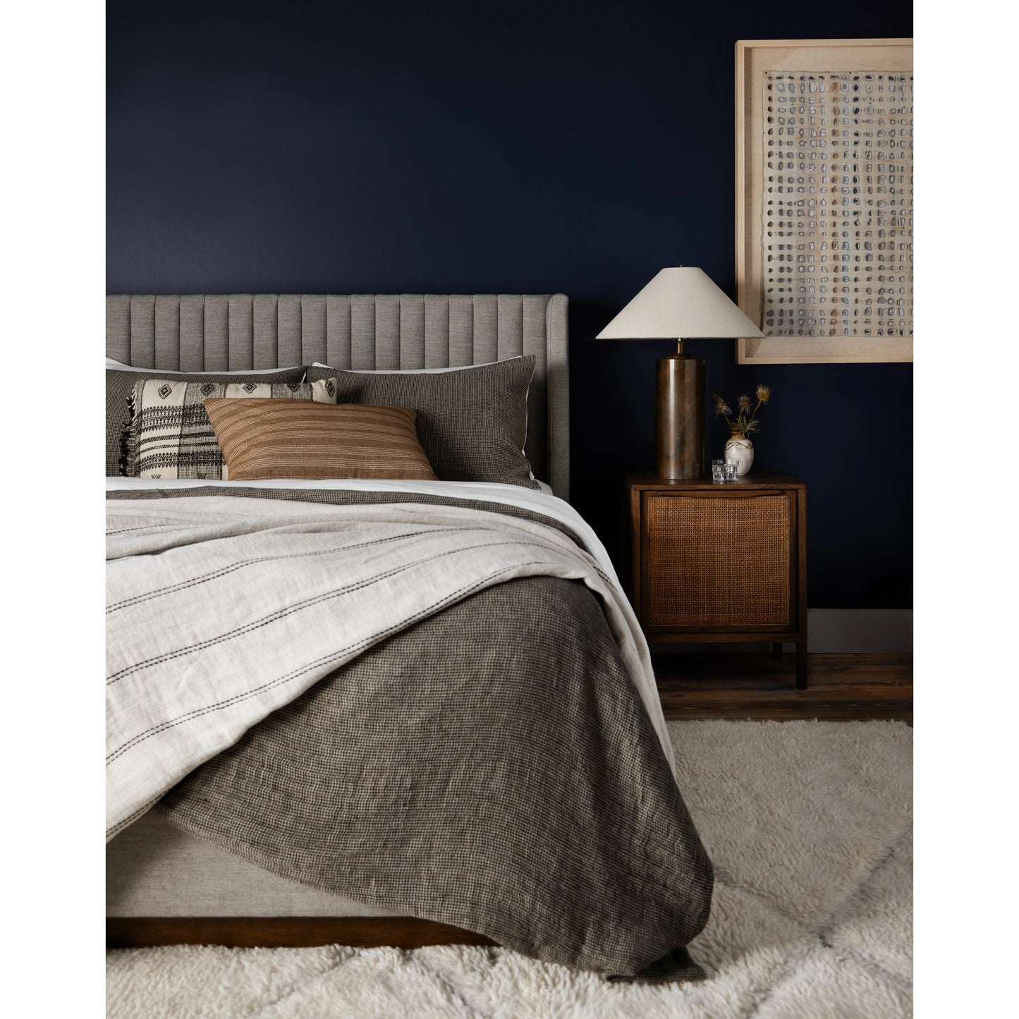 009 SI-1977777 | Lifestyle | Seaton Table Lamp by Four Hands in iridescent acid wash. Made from stainless steel, 80% linen, 20% silk, thermoplastic in a modern style.