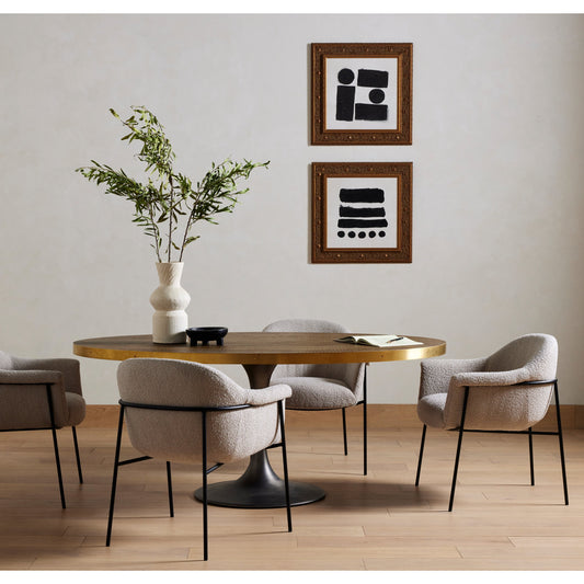 Evans Oval Dining Table by Four Hands in reclaimed burnt oak, vessel grey, polished brass. Made from solid reclaimed oak, iron, stainless steel in a modern style.
