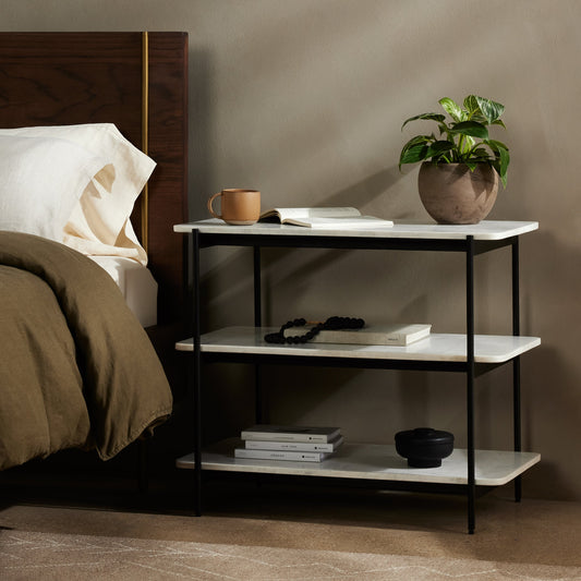 Jasper Nightstand by Four Hands in iron matte black, polished white marble. Made from iron, solid marble, engineered hardwood in a transitional style.