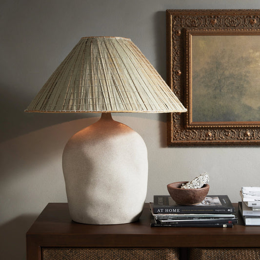 Cobb Table Lamp by Four Hands in sand porcelain, natural palm. Made from ceramic, palm fiber, thermoplastic in a modern style.