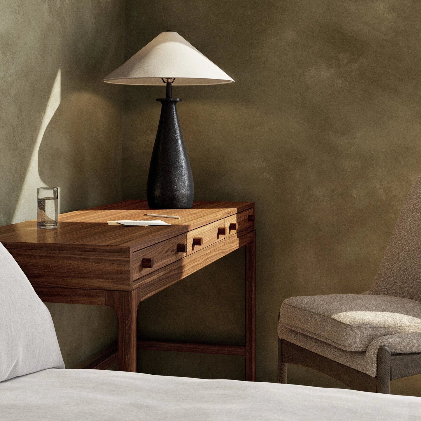 009 SI-1977405 | Lifestyle | Innes Tapered Shade Table Lamp by Four Hands in matte black. Made from aluminum, 100% cotton in a modern style.