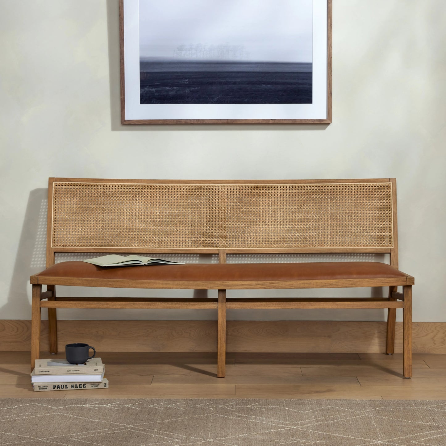 013 SI-1977763 | Lifestyle | Sage Dining Bench by Four Hands in sierra butterscotch. Made from faux leather, solid beech, cane in a modern style.