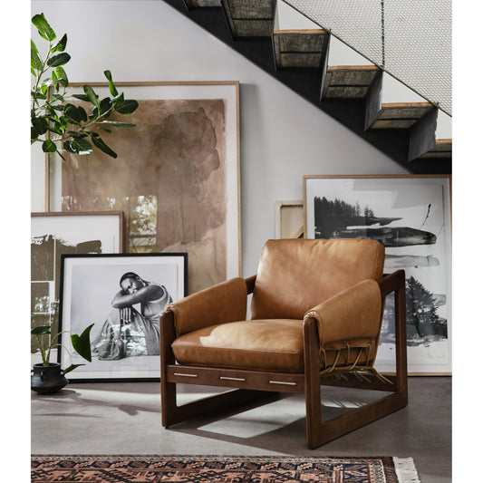 Dustin Chair by Four Hands in palermo cognac and umber ash. Made from top grain leather, solid ash, 100% polyester in a modern style.