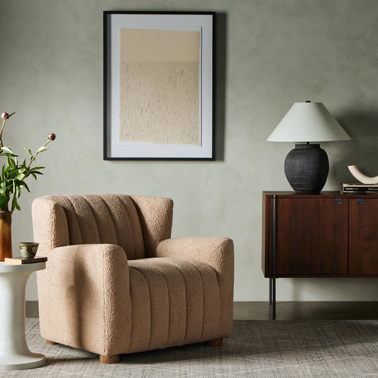 Elora Chair by Four Hands in sheepskin camel. Made from 100% polyester, solid parawood, 100% polypropylene in a transitional style.