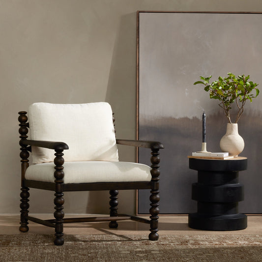Davies Chair by Four Hands in halcyon ivory, dry pine. Made from 92% polyester, 8% flax, linen, solid pine, 100% polyester in a modern style.