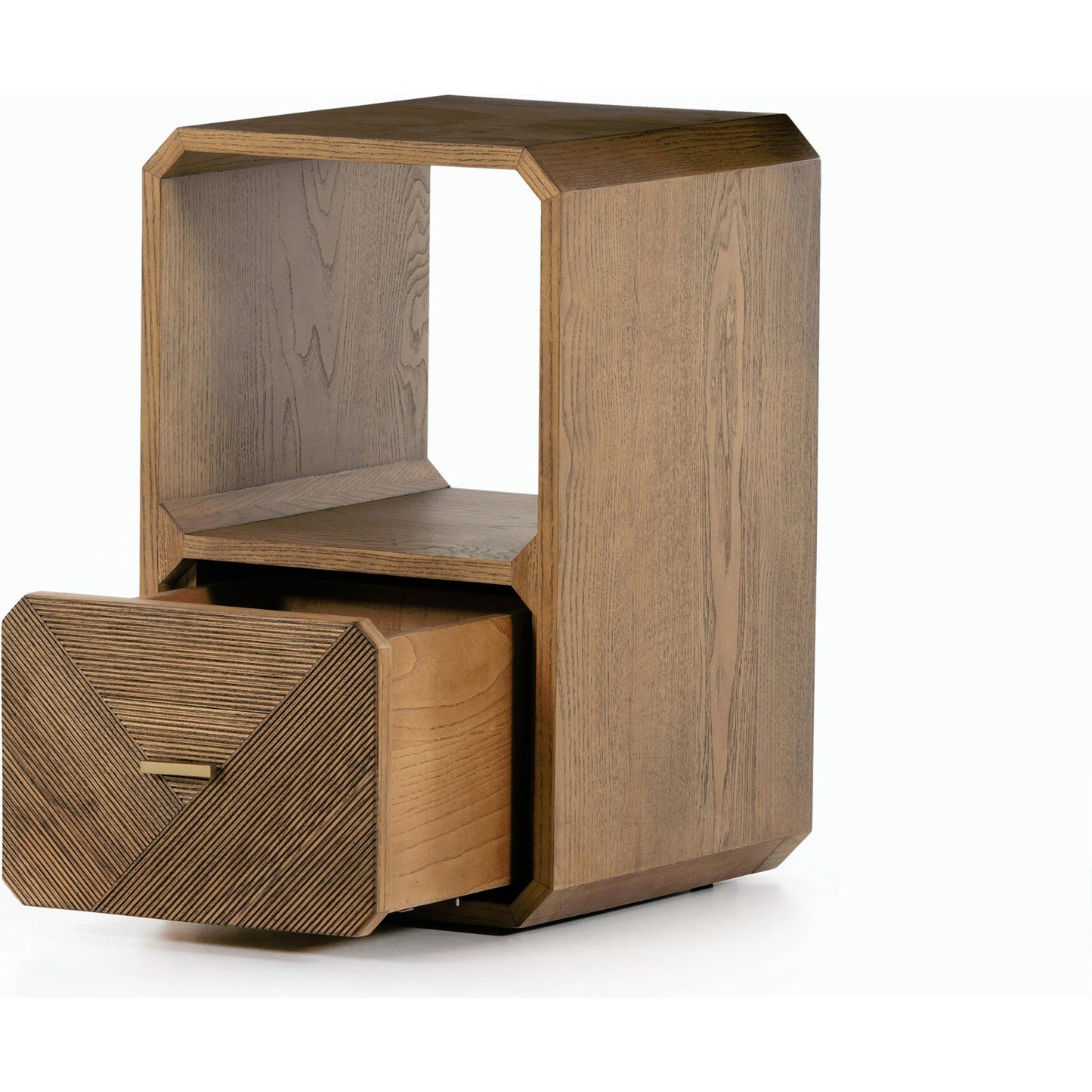 029 SI-1901926 | Closeup | Caspian End Table by Four Hands in natural ash veneer, natural ash, satin brass and natural ash. Made from ash veneer, resawn, iron in a modern style.