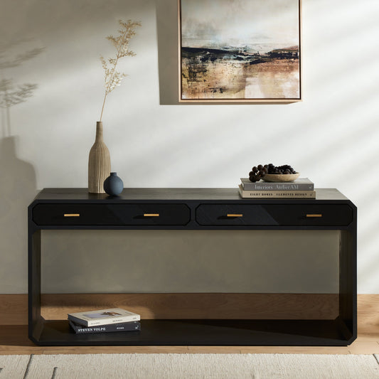 Caspian Console Table by Four Hands in black ash veneer, black ash, satin brass and black ash. Made from ash veneer, resawn, iron in a modern style.