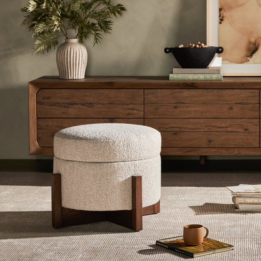 Esben Storage Ottoman by Four Hands in sattley fog, terra brown nettlewod. Made from 96% polyester, 4% acrylic, solid nettlewood, 100% polyester in a modern style.