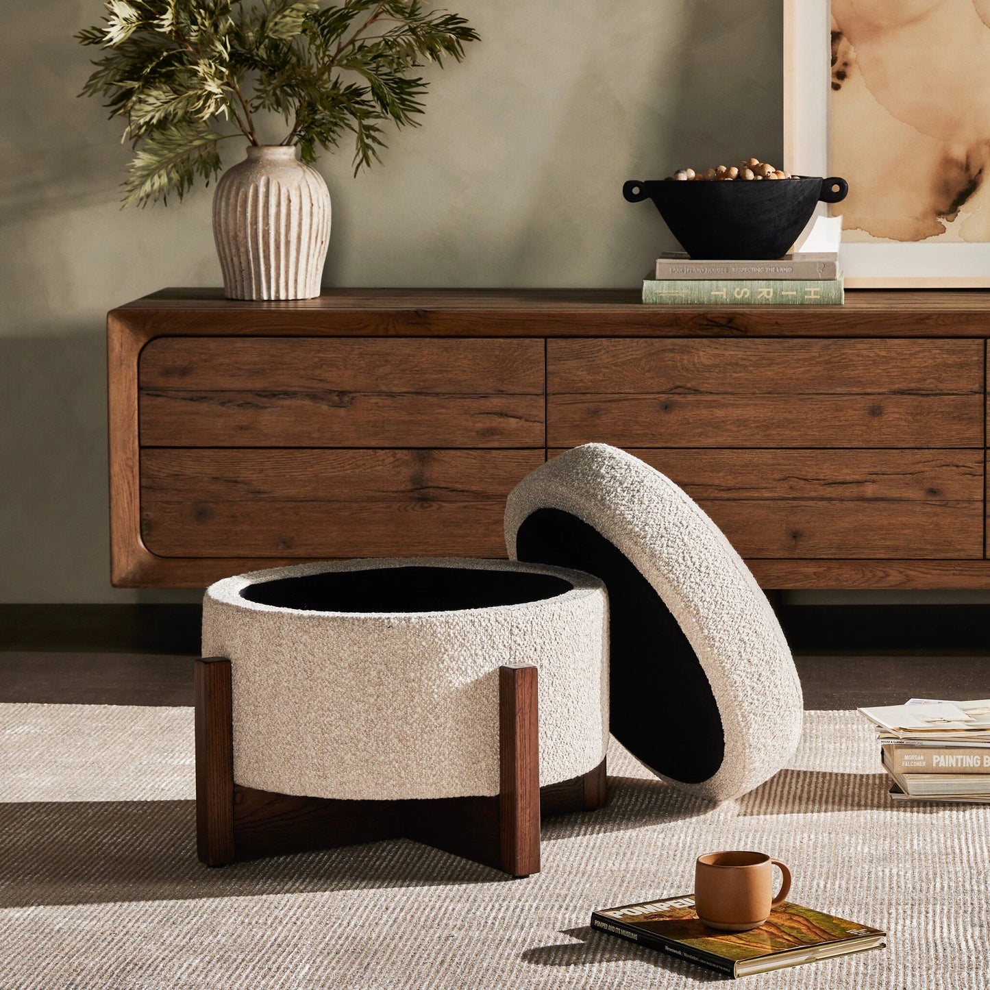 018 SI-2001261 | Lifestyle | Esben Storage Ottoman by Four Hands in sattley fog, terra brown nettlewod. Made from 96% polyester, 4% acrylic, solid nettlewood, 100% polyester in a modern style.