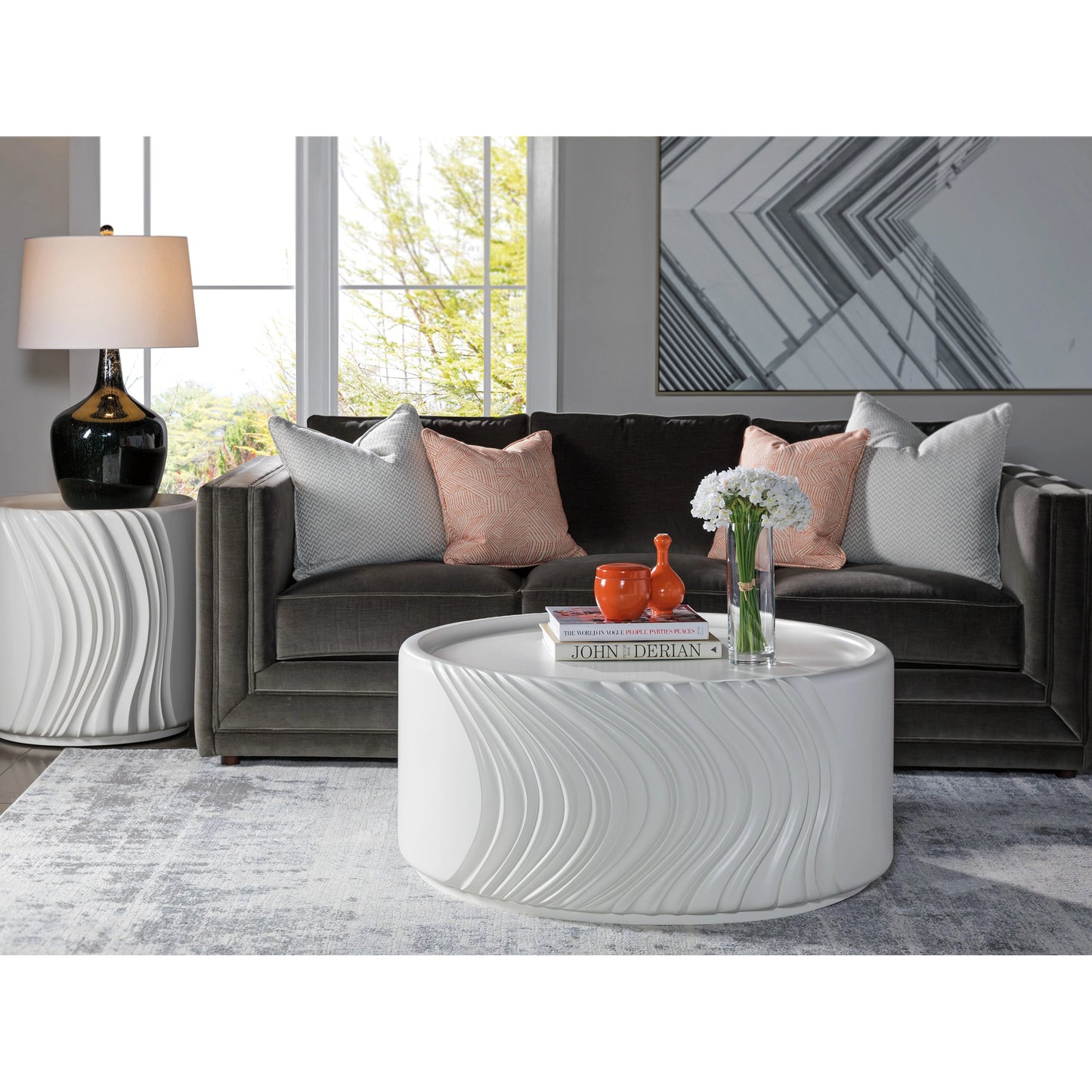 004 SI-2013277 | Lifestyle | Volante Round Drum End Table by Artistica Home in matte white, ivory. Made from unique in a modern style.