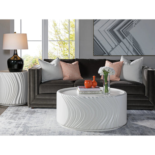 Volante Round Drum End Table by Artistica Home in matte white, ivory. Made from unique in a modern style.