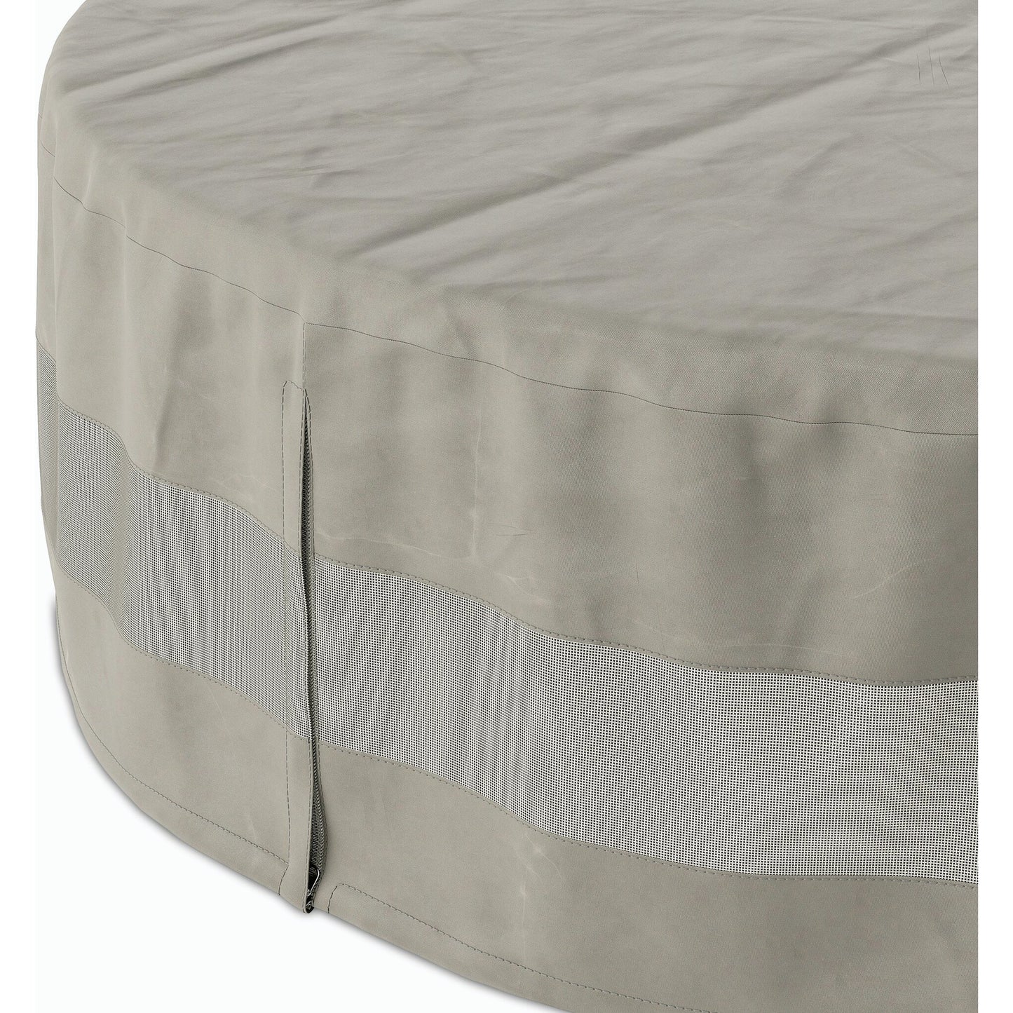008 SI-2158587 | Closeup | Weatherproof Outdoor Round Coffee Table Cover by Four Hands in baron grey, baron mesh and baron grey. Made from 100% polyester, 70% polyvinyl chloride (pvc), 30% polyester in a modern style.