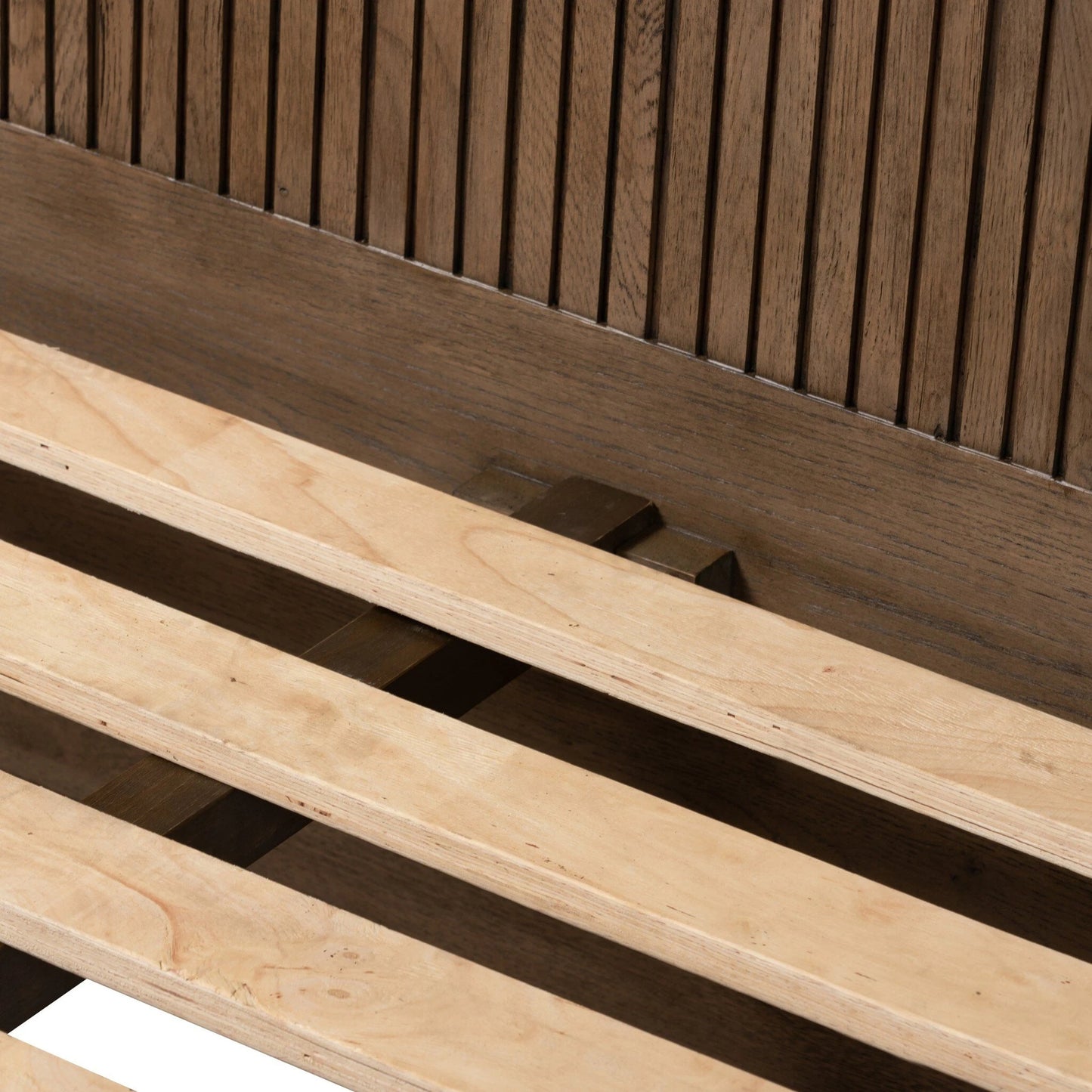 019 SI-2137458 | Closeup | Leo Bed by Four Hands in rustic grey. Made from thick oak veneer, solid oak in a modern style.