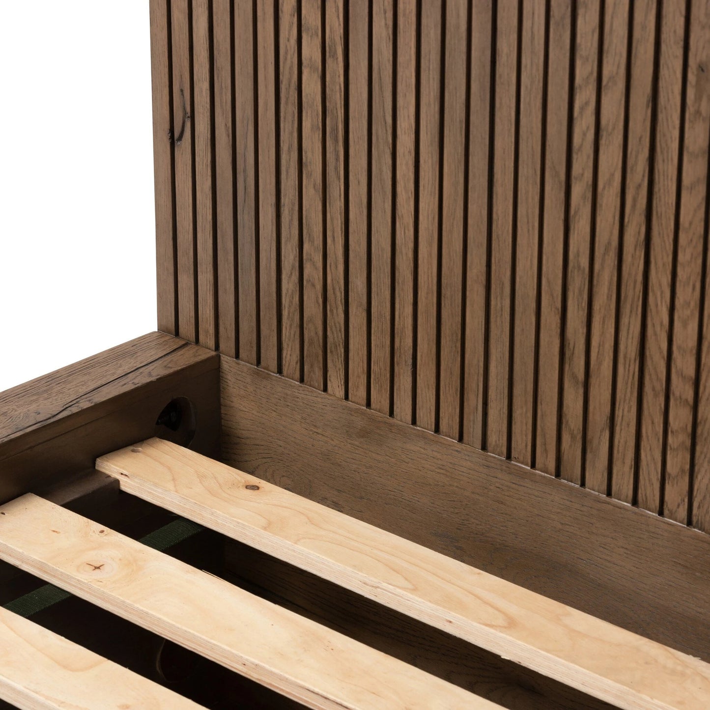 021 SI-2137458 | Closeup | Leo Bed by Four Hands in rustic grey. Made from thick oak veneer, solid oak in a modern style.