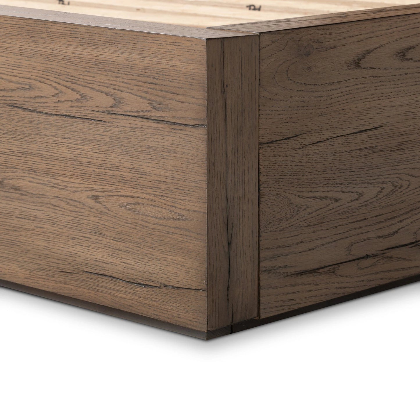 022 SI-2137458 | Closeup | Leo Bed by Four Hands in rustic grey. Made from thick oak veneer, solid oak in a modern style.