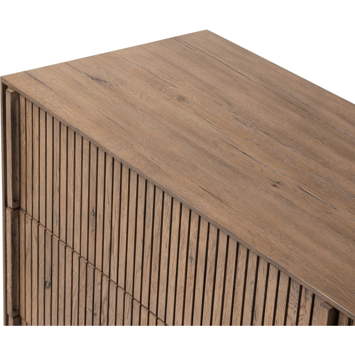 008 SI-2137456 | Closeup | Leo 6 Drawer Dresser by Four Hands in rustic grey. Made from solid oak, thick oak veneer in a modern style.