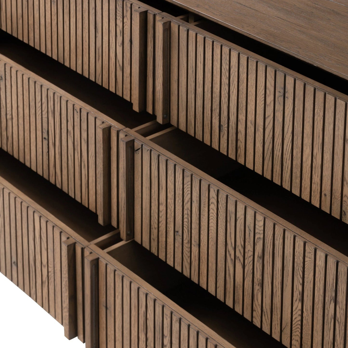 010 SI-2137456 | Closeup | Leo 6 Drawer Dresser by Four Hands in rustic grey. Made from solid oak, thick oak veneer in a modern style.