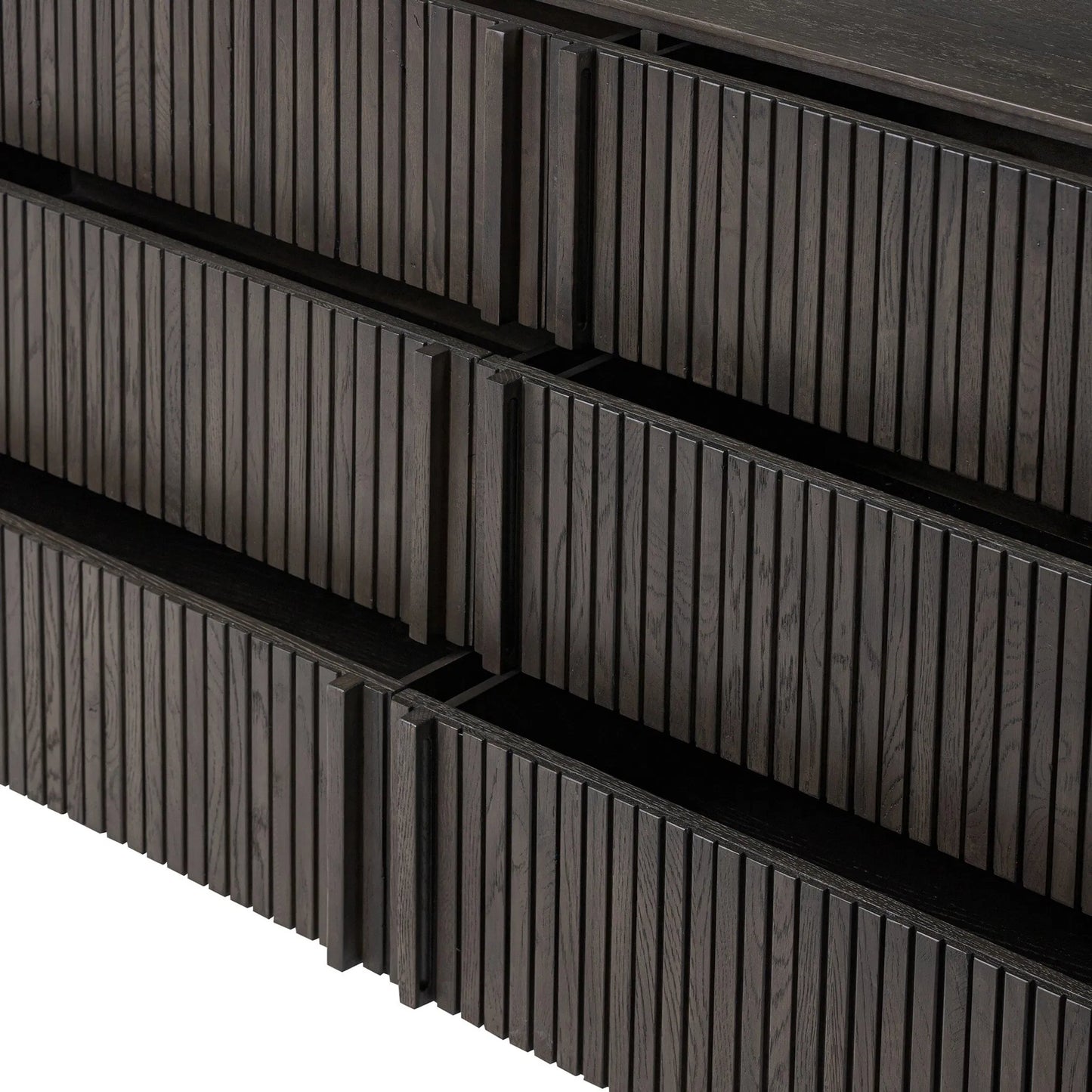 011 SI-2320150 | Closeup | Leo 6 Drawer Dresser by Four Hands in smoked black, smoked black veneer. Made from solid oak, thick oak veneer in a unique style.