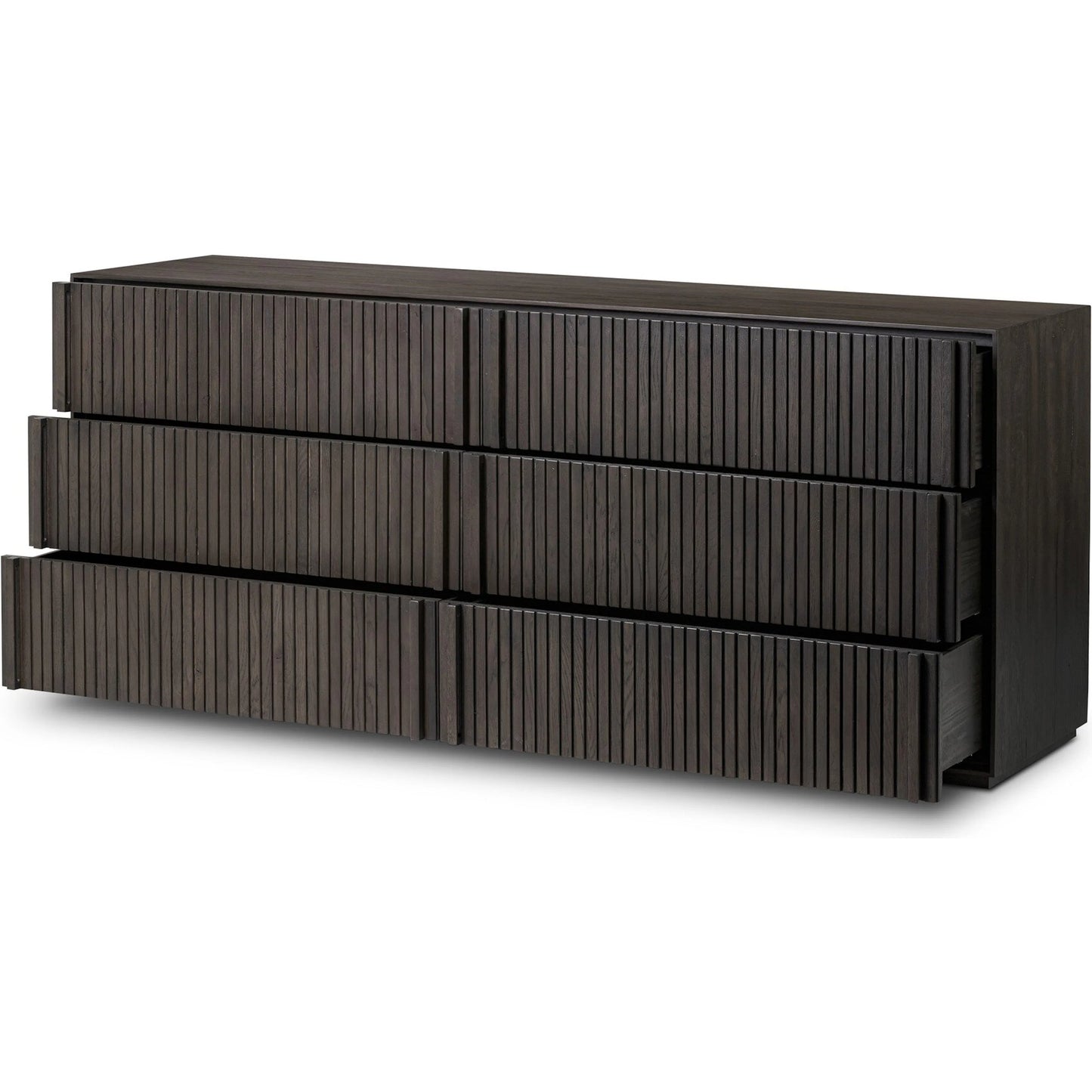 009 SI-2320150 | Closeup | Leo 6 Drawer Dresser by Four Hands in smoked black, smoked black veneer. Made from solid oak, thick oak veneer in a unique style.
