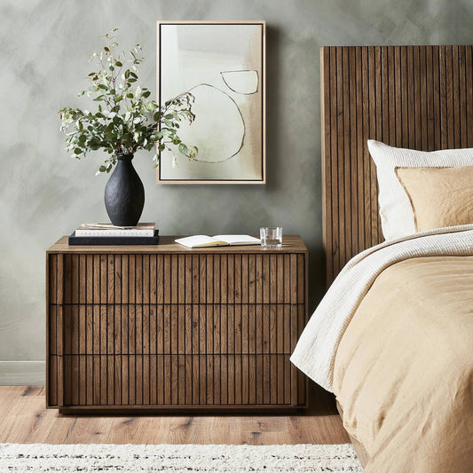 Leo Nightstand by Four Hands in rustic grey. Made from solid oak, thick oak veneer in a modern style.