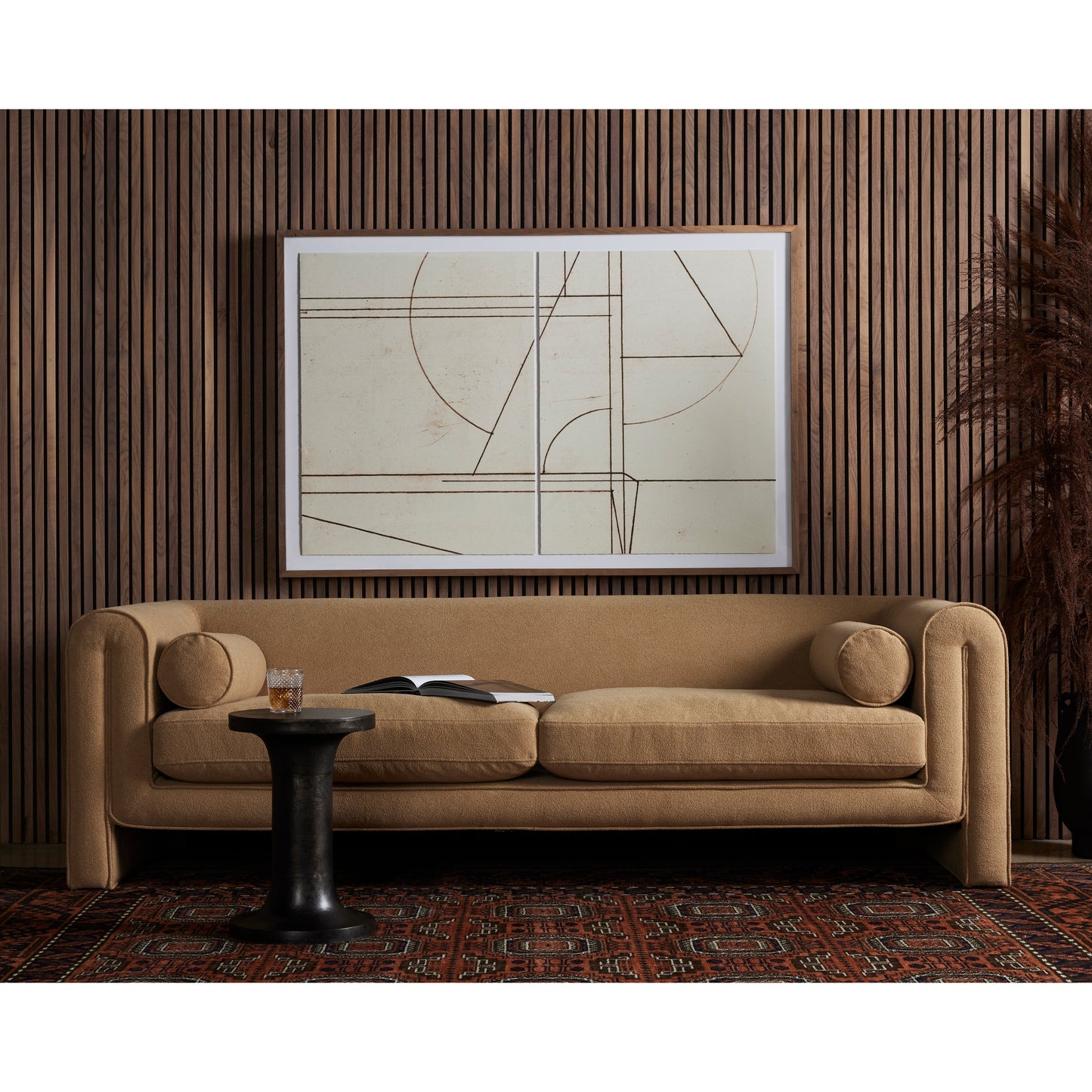 012 SI-1901229 | Lifestyle | Mitchell Sofa by Four Hands in piermont sand. Made from 100% polyester, eucalyptus plywood, 100% polypropylene in a transitional style.