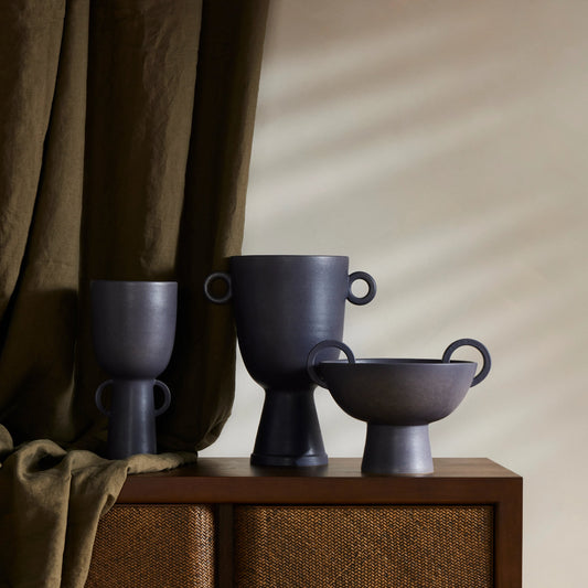 Anillo Wide Vase by Four Hands in matte black ceramic and matte black. Made from ceramic in a modern style.
