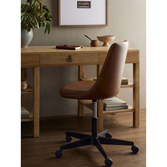 Lyka Desk Chair by Four Hands in sonoma chestnut. Made from top grain leather, aluminum, 100% polyester in a transitional style.