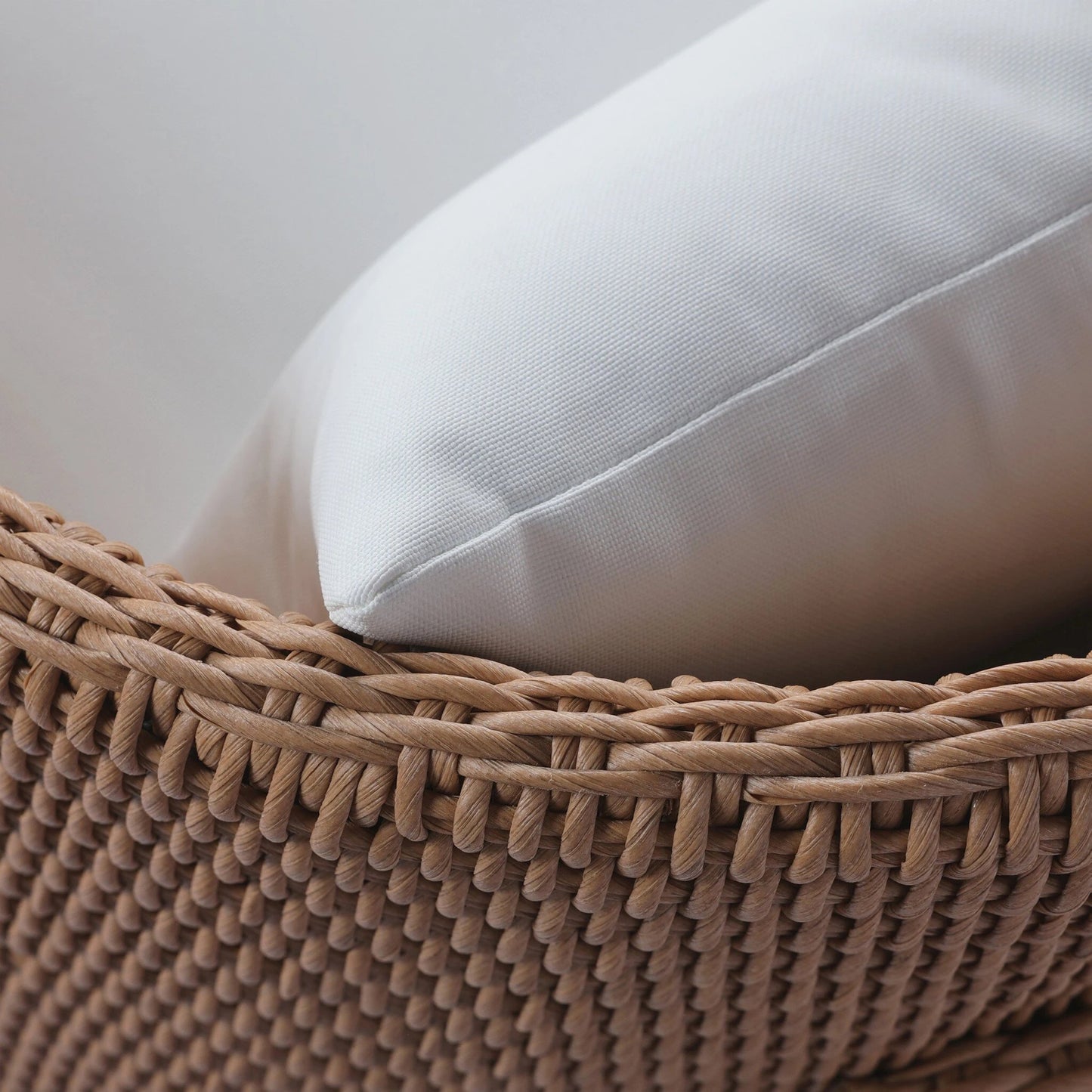 036 SI-2137314 | Closeup | Fae Outdoor Chair by Four Hands in stinson white. Made from 100% olefin, 100% polyethylene, 91% polyurethane foam pad, 9% polyester fiber batting in a modern style.