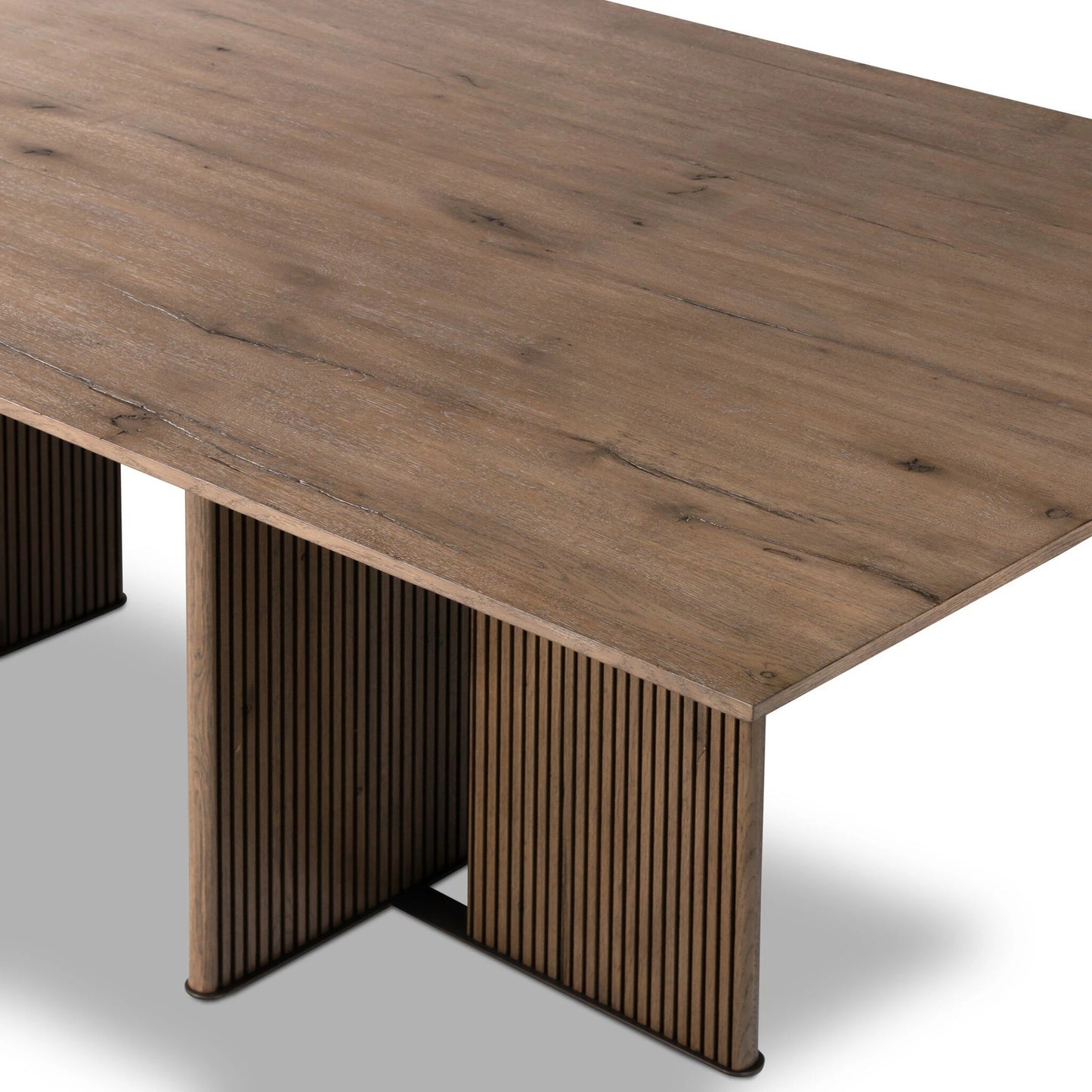004 SI-2137461 | Closeup | Leo Dining Table by Four Hands in rustic grey. Made from thick oak veneer, solid oak, iron in a modern style.
