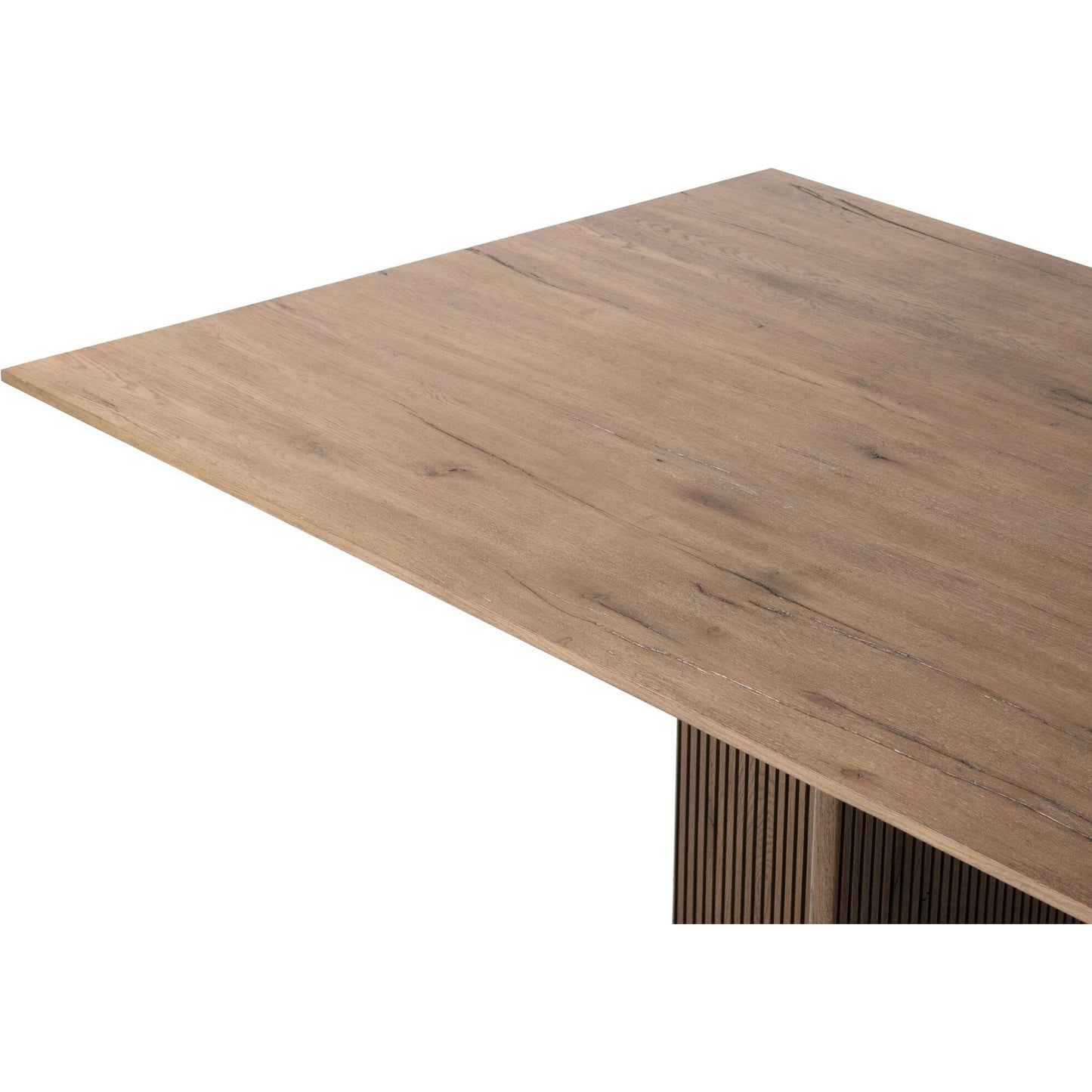 005 SI-2137461 | Closeup | Leo Dining Table by Four Hands in rustic grey. Made from thick oak veneer, solid oak, iron in a modern style.