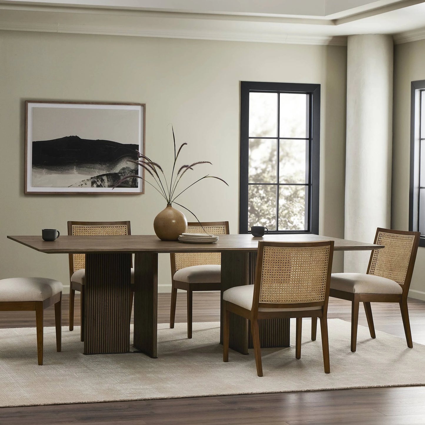 011 SI-2137461 | Lifestyle | Leo Dining Table by Four Hands in rustic grey. Made from thick oak veneer, solid oak, iron in a modern style.