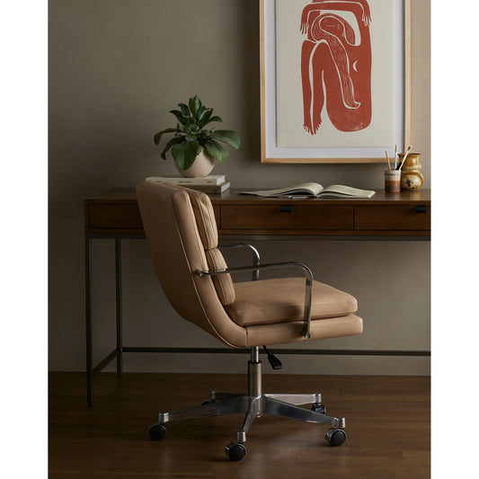 Jude Desk Chair by Four Hands in palermo nude. Made from top grain leather, aluminum, stainless steel in a transitional style.