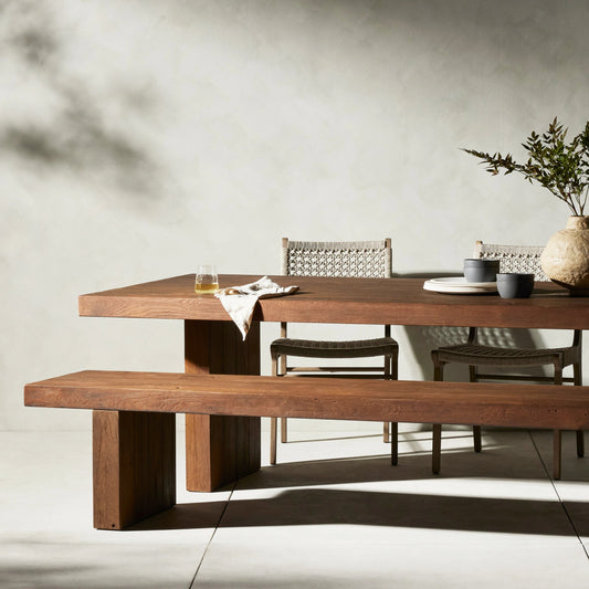 Encino Outdoor Dining Table by Four Hands in heritage brown. Made from solid fsc® reclaimed teak in a modern style.