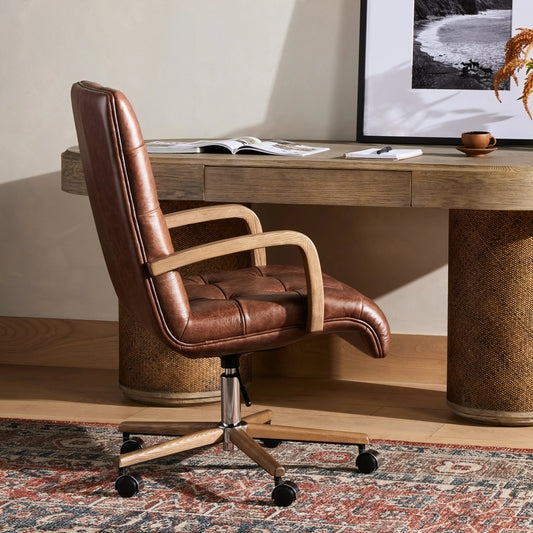 Luca Desk Chair by Four Hands in sonoma coco, amber ash. Made from top grain leather, solid ash, aluminum in a modern style.