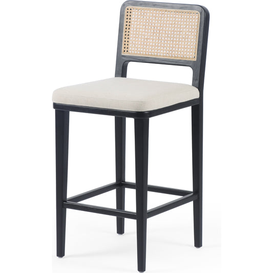 Veka Counter Stool by Four Hands in brushed ebony, savile flax. Made from 92% polyester, 8% flax, linen, solid beech, cane in a coastal style.