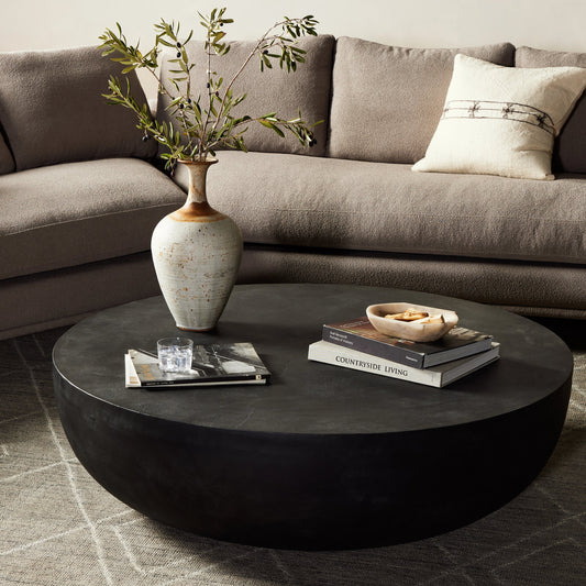 Basil Round Outdoor Coffee Table by Four Hands. Made from aluminum in a modern style.