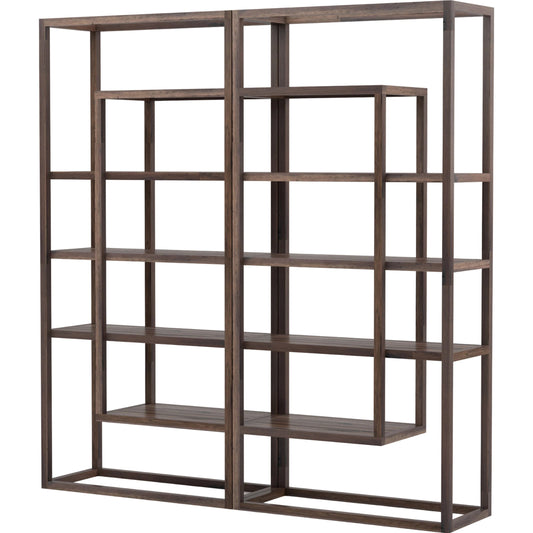 Waylon Double Bookshelf by Four Hands in harvest brown. Made from solid acacia, iron in a transitional style.