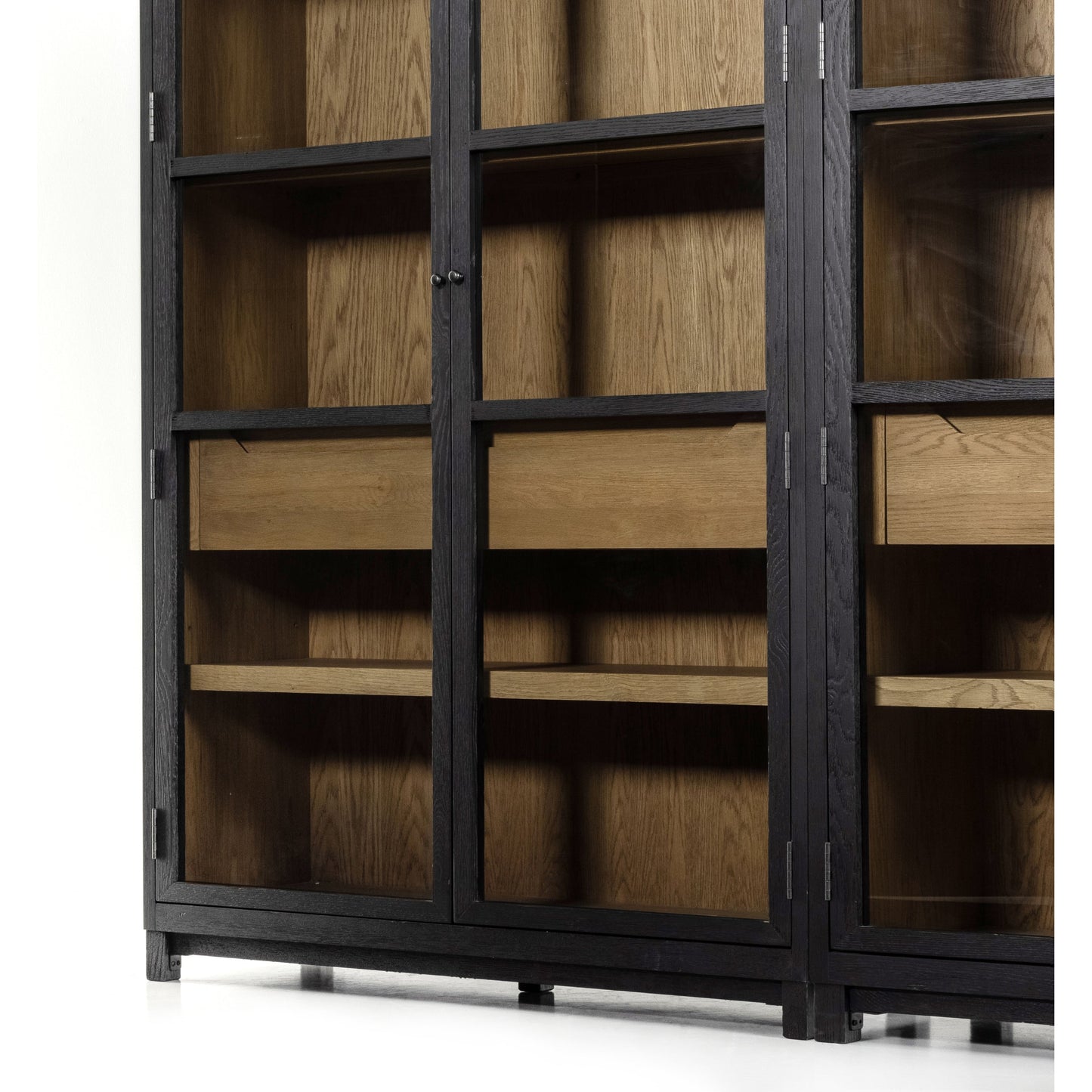 015 SI-1798102 | Additional Silo | Millie Double Cabinet by Four Hands in tempered glass, drifted black, drifted oak and matte black, drifted oak. Made from solid oak, oak veneer in a modern style.