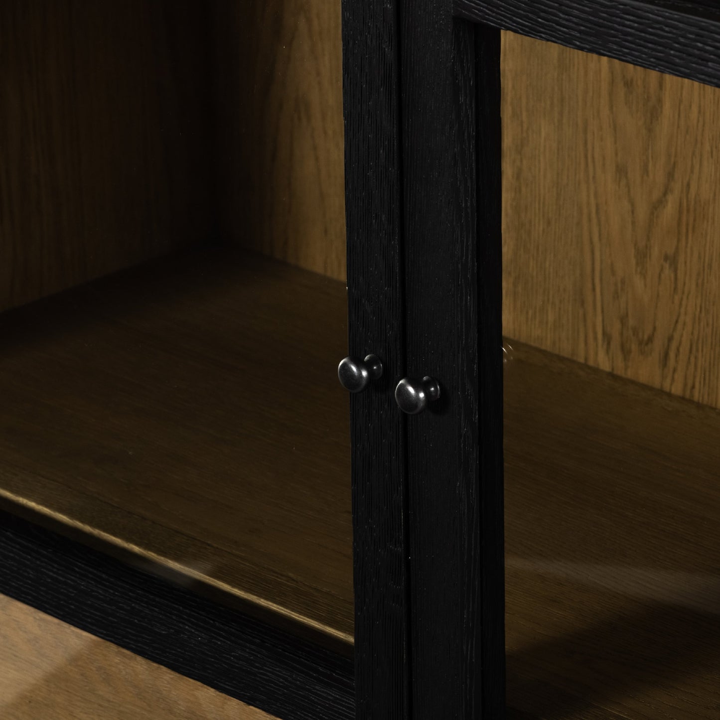 012 SI-1798102 | Additional Silo | Millie Double Cabinet by Four Hands in tempered glass, drifted black, drifted oak and matte black, drifted oak. Made from solid oak, oak veneer in a modern style.