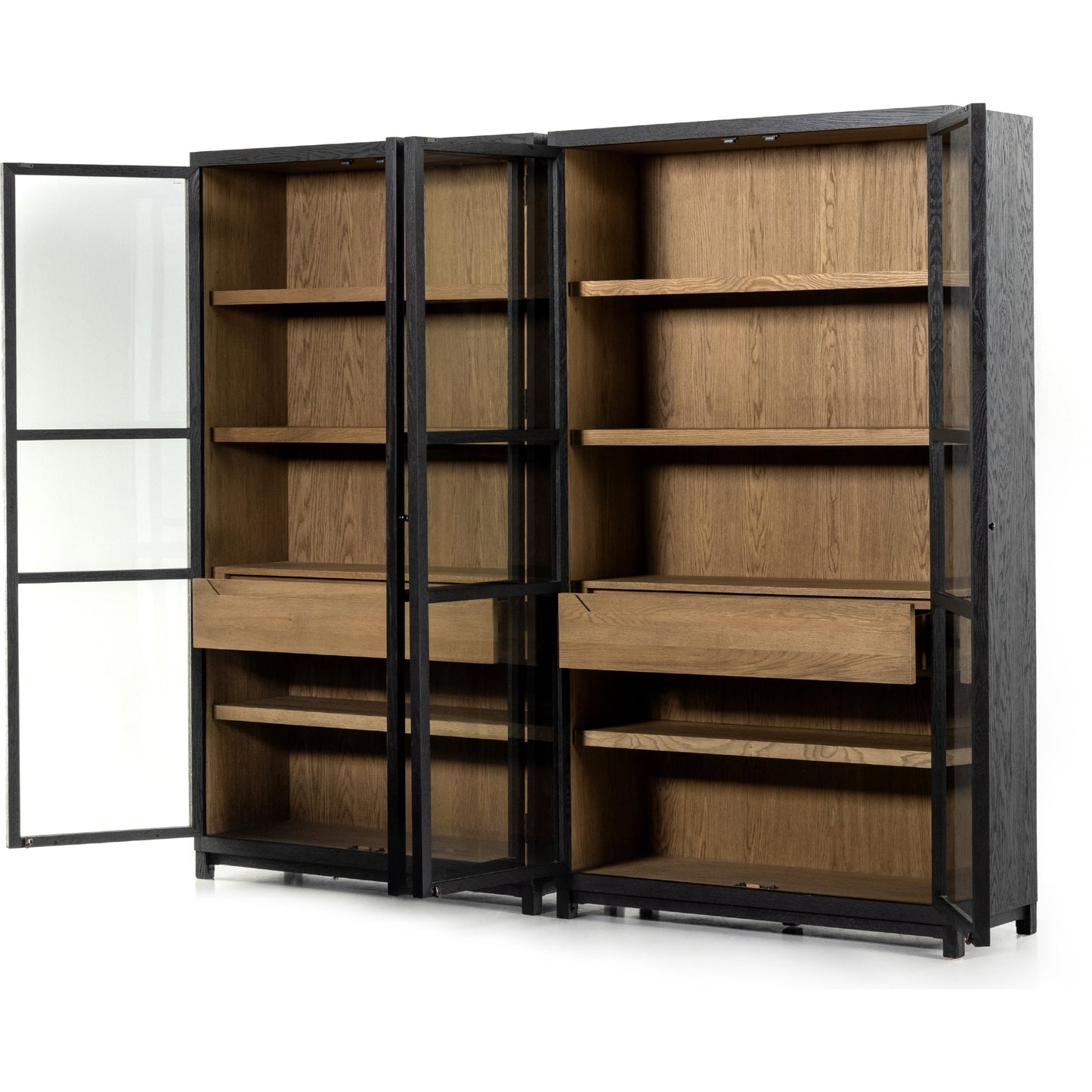 003 SI-1798102 | Additional Silo | Millie Double Cabinet by Four Hands in tempered glass, drifted black, drifted oak and matte black, drifted oak. Made from solid oak, oak veneer in a modern style.
