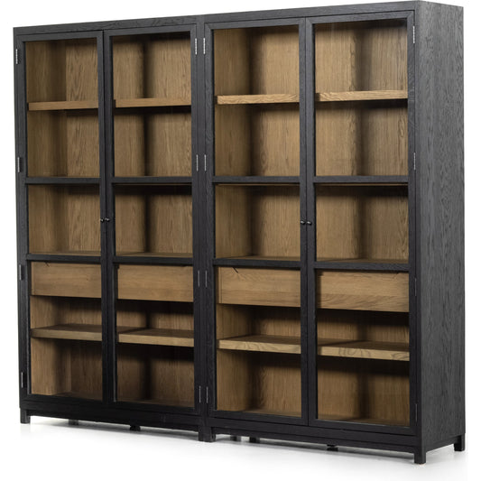 Millie Double Cabinet by Four Hands in tempered glass, drifted black, drifted oak and matte black, drifted oak. Made from solid oak, oak veneer in a modern style.