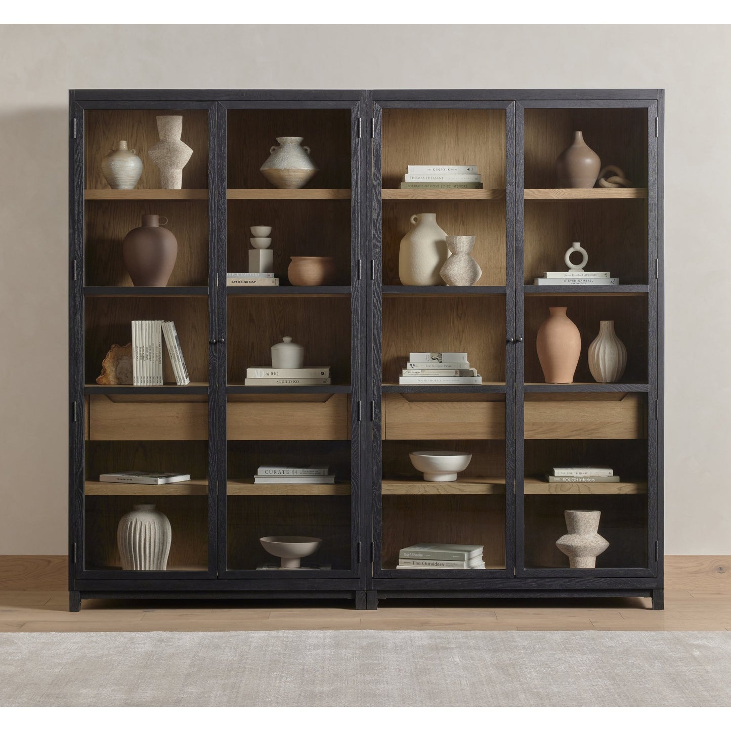 016 SI-1798102 | Lifestyle | Millie Double Cabinet by Four Hands in tempered glass, drifted black, drifted oak and matte black, drifted oak. Made from solid oak, oak veneer in a modern style.