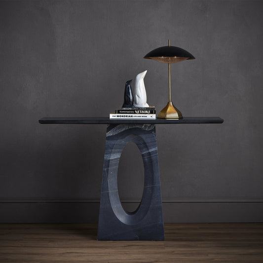 Domville Table Lamp by Currey and Company in antique brass, black. Made from aluminum in a modern style.