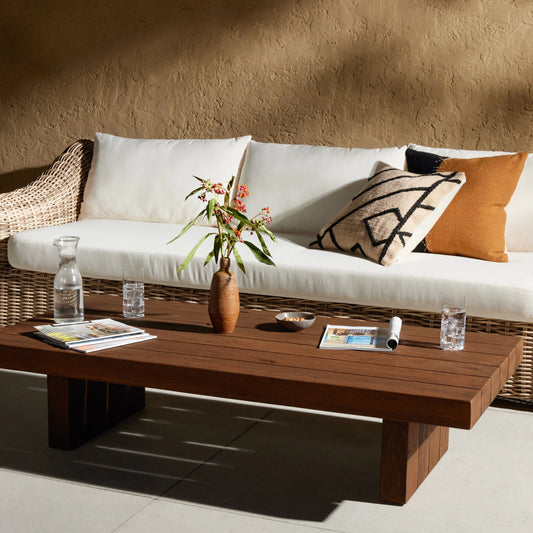 Encino Outdoor Coffee Table by Four Hands in heritage brown. Made from solid fsc® reclaimed teak in a modern style.